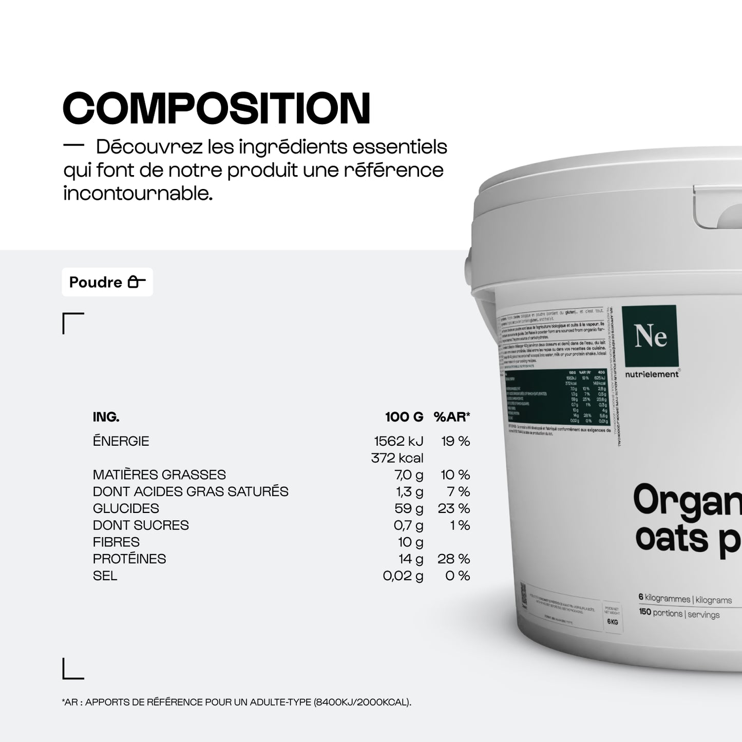 Flocons d'avoine biologiques en poudre