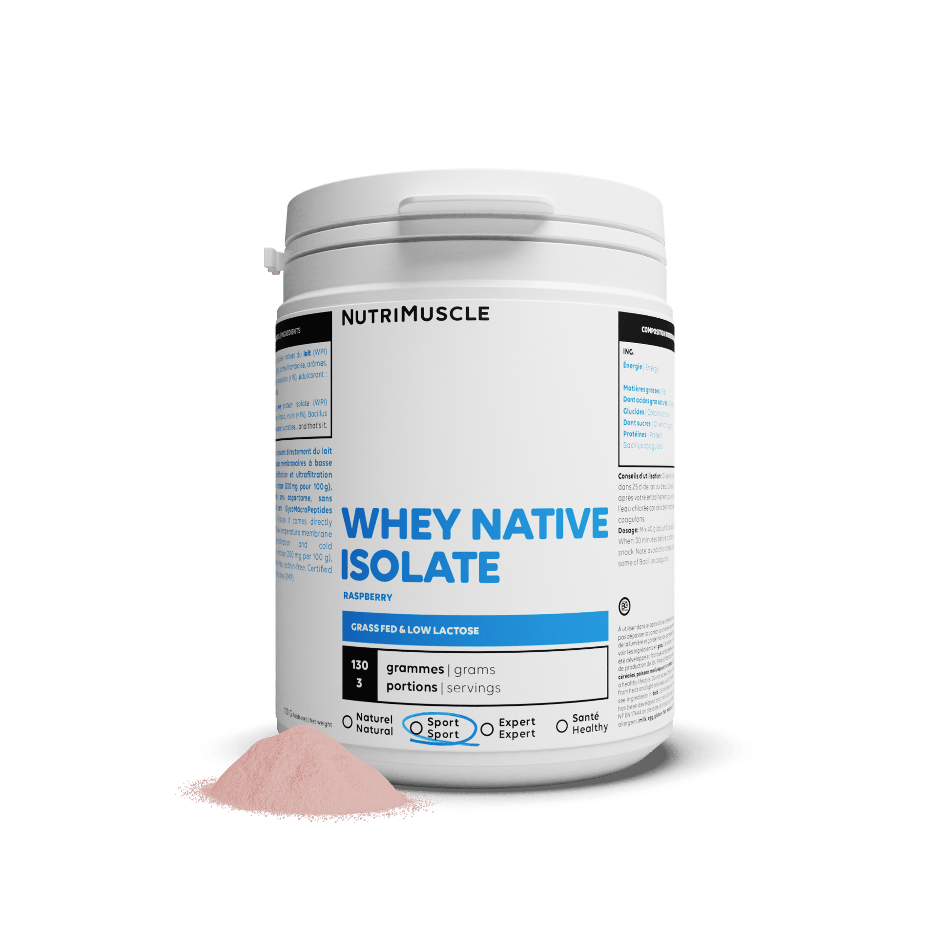 Nutrimuscle Protéines Framboise / 130 g Whey Native Isolate (Low lactose)