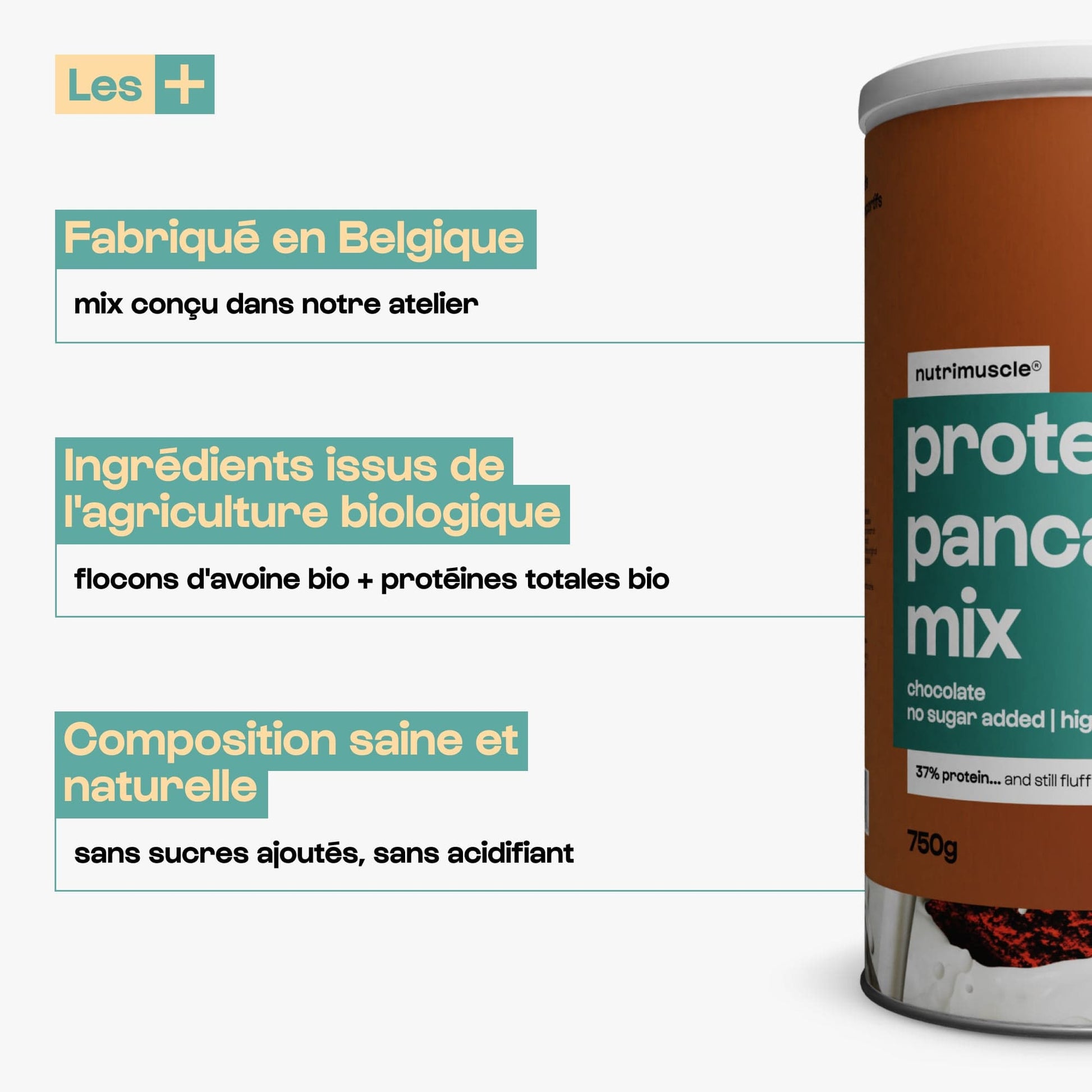 Nutrimuscle Protéines 750 g / Cacao Mix pour pancakes bio - Protéines totales cacao